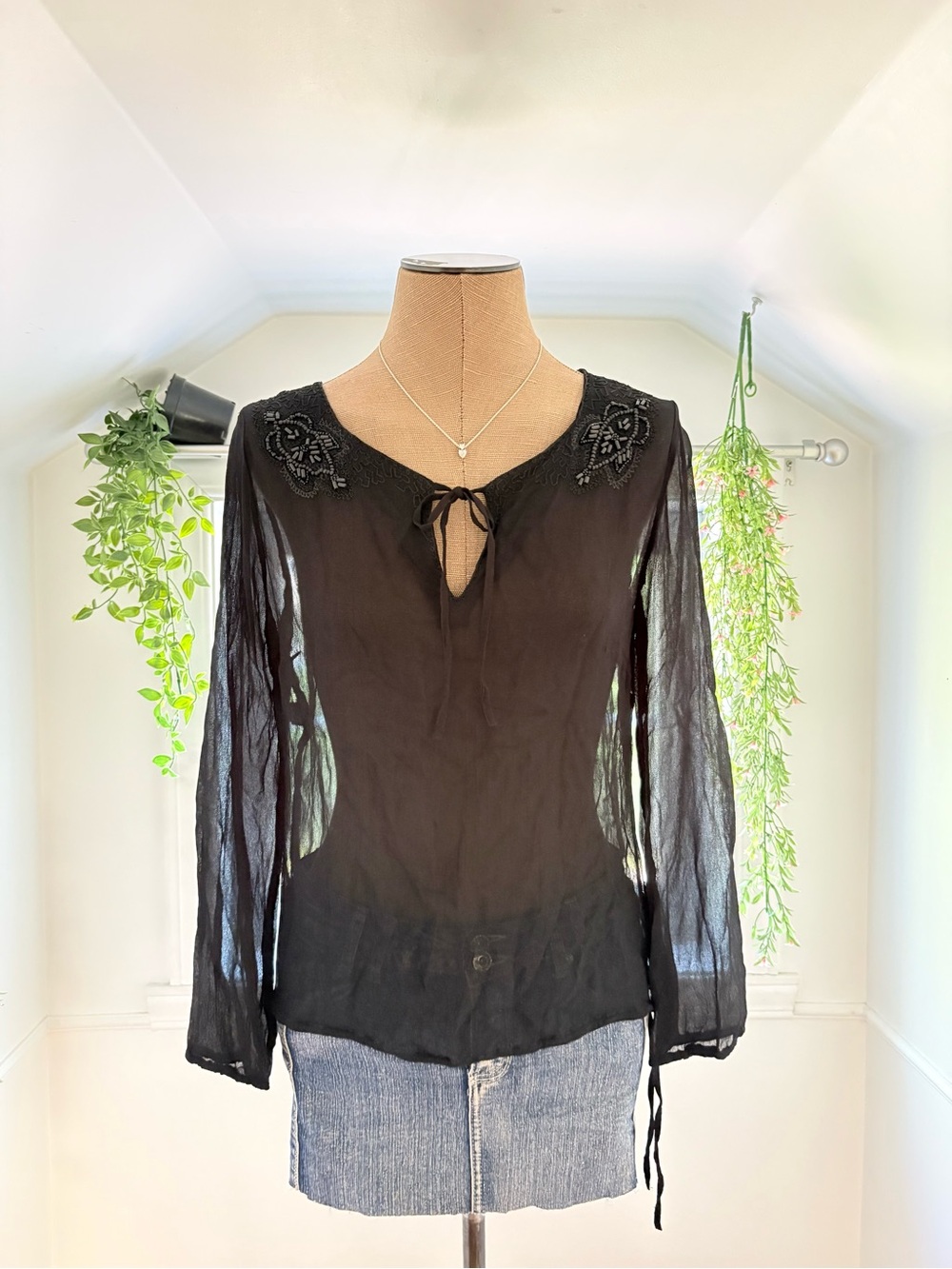 Women’s Black Sheer Tie-Neck Blouse with Wooden Beading